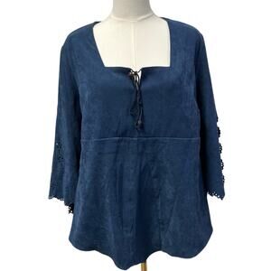 Vintage Romans Faux Suede Blue Top Womens 16W Eyelet Bell Sleeve Western Boho